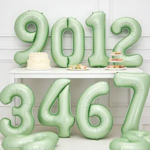 Olive green number foil balloons for birthday party decorations and holiday celebrations.