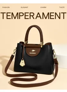 Women stylish black brown tote bag top handle shoulder handbag with braided handle elegant design