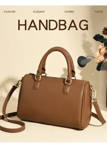 Stylish brown PU leather women handbag with top handles and detachable shoulder strap