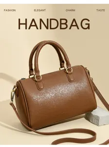 Stylish brown PU leather women handbag, classic top handle shoulder bag with metal hardware details.
