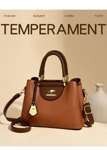 Brown leather top handle tote bag featuring braided handles and elegant daily design details.