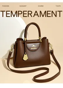 Elegant brown leather tote bag with braided handle, stylish design for women daily use.