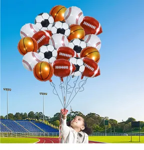 Close up detail view of colorful sports foil balloons bunch featuring basketball and soccer.