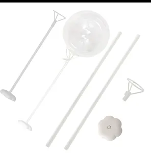 Detail view of party balloon column stands kit including transparent balloon and plastic rods.