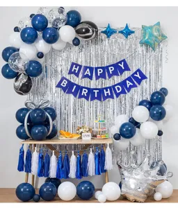Birthday party balloon decoration set with blue and white latex balloons and foil curtain.