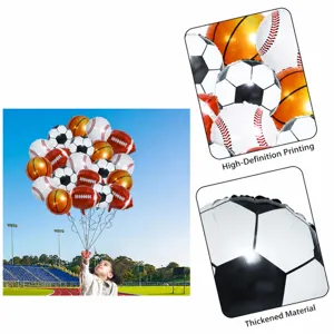Sports foil balloons set including soccer basketball baseball and rugby for birthday party decor.