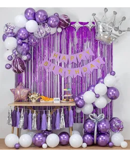 Purple white birthday party balloon decoration set with foil crown balloons and banner.