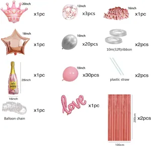 Pink birthday party balloon set with crown, star, champagne foil and latex balloons.