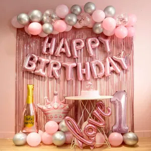 Pink birthday party balloon decoration set with foil letter balloons and latex balloons for kids.