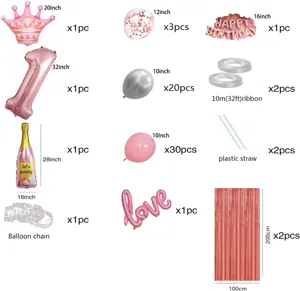 Pink birthday party balloon set with crown number foil balloons and fringe curtains set