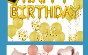 Detailed view of gold foil birthday letter balloons and clear confetti latex balloons.