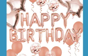 Rose gold happy birthday foil balloon set details, party decoration latex and confetti balloons.