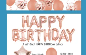 Close-up detail of rose gold happy birthday foil letter balloons and latex balloon set.