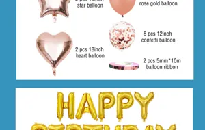 Birthday party balloon set including foil star heart balloons, confetti latex balloons, and ribbon.