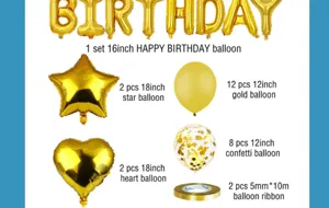 Detail view showing assorted birthday party balloon set components including star and heart shapes.