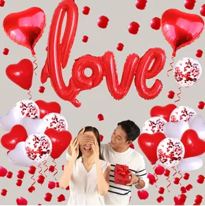 Valentine's Day balloon set featuring Love foil balloon, heart balloons, and rose petals.