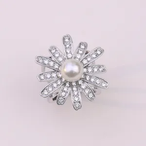Anello sciarpa fiore perla strass argento spilla elegante fermaglio foulard accessorio