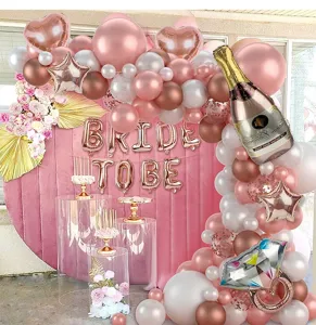 Roségold Junggesellinnenabschied Ballonbogen Set mit Sektflasche und Braut Folienballons.