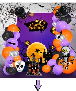 Σετ αψίδας μπαλονιών Halloween με φόντο, κάστρο, σκελετό και μπαλονια αλουμινίου για πάρτι