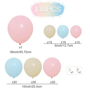 Vista dettagliata dei componenti del kit arco palloncini da 138 pezzi con misure e accessori.