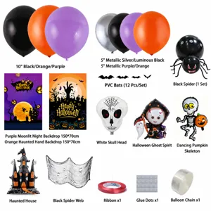 Kit αψίδας μπαλονιών Halloween με σκηνικό φόντου και τρομακτικές διακοσμήσεις.