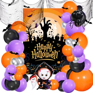 Kit αψίδας μπαλονιών Halloween με φόντο, πορτοκαλί μωβ μαύρα μπαλόνια για διακόσμηση κόμμα