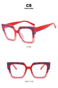Klobige Katzenaugen Blaulichtfilter Brille mit auffälligem rot-blauem Muster.