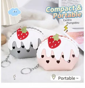 Cute strawberry cake mini coin purse with keychain, sweet design for women and students.