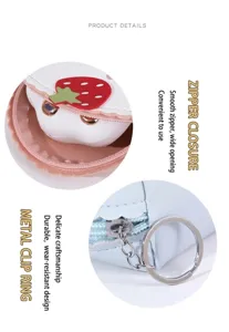 Cute strawberry coin pouch detail shot showcasing smooth zipper and metal keyring hardware.