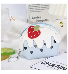Mini strawberry cake coin purse cute blue short wallet with zipper and cute dessert design