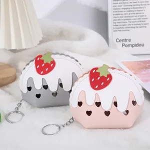 Cute strawberry ice cream mini coin purse with keychain, sweet cartoon wallet for women and girls.
