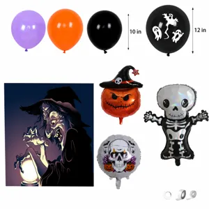 Kit de ballons de decoration d'Halloween avec toile de fond de sorciere et citrouille.