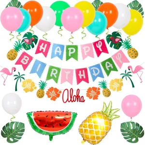 Set di decorazioni per festa di compleanno tropicale con palloncini colorati e banner.