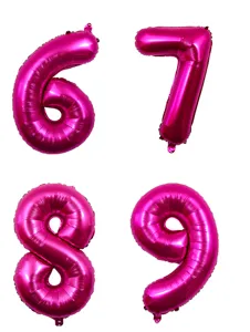 Detail view of 32 inch hot pink foil number balloons 6, 7, 8, 9 for birthday party decor.