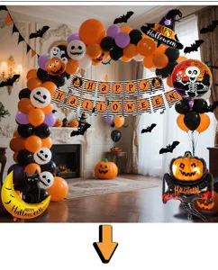 Halloween balloon arch kit with foil pumpkins, skeleton balloons and banner for party decor