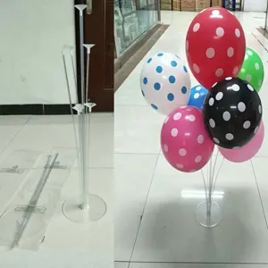 Clear plastic balloon stand detail, sturdy base and sticks for party table decoration.