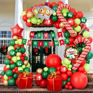 Christmas balloon arch kit with red green balloons candy cane foil balloons and banner decor.