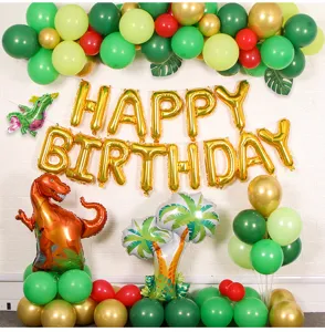 Jungle dinosaur theme birthday party balloon set decoration details scene display.