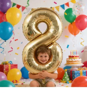 Gold number 8 foil balloon detail view, perfect for children birthday party celebration scene layout and decor.