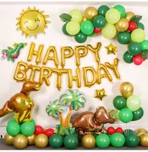 Jungle dinosaur theme birthday balloon set with foil T-Rex, palm trees, and banner.