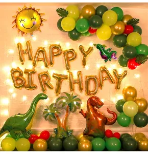 Jungle dinosaur theme balloon set with happy birthday letters for kids birthday party decor.