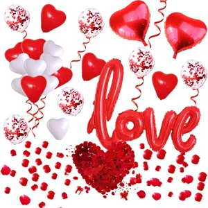 Valentine's Day balloon set with Love foil balloon, red white heart latex balloons and petals