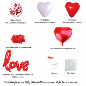 Valentine's day balloon decoration set with love foil balloon and rose petals for party.