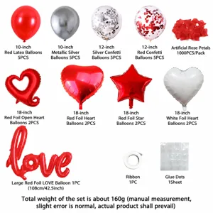 Valentine's Day balloon set with love foil balloons, rose petals, and party decoration items.