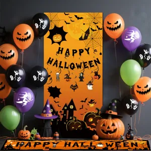 Halloween Party Deko Set mit bedruckten Latexballons und gruseligem Geister Banner Hintergrund