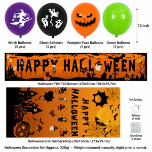 Halloween Party Deko Set mit 12-Zoll bedruckten Latexballons, Banner und Hintergrund.