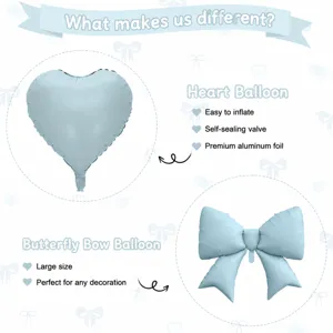 Blue heart and bow foil balloon set, self-sealing, premium quality for birthday party decor.