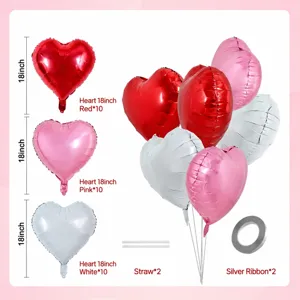 18-Inch Heart Foil Balloons Set Party Decor Balloons with Ribbons Straws Red Pink White