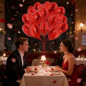 Red heart foil balloons set for romantic party decoration, wedding and birthday anniversary.