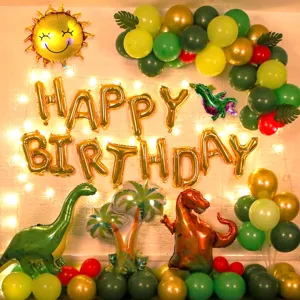 Jungle dinosaur theme balloon arch kit for kids birthday party decoration with foil balloons.